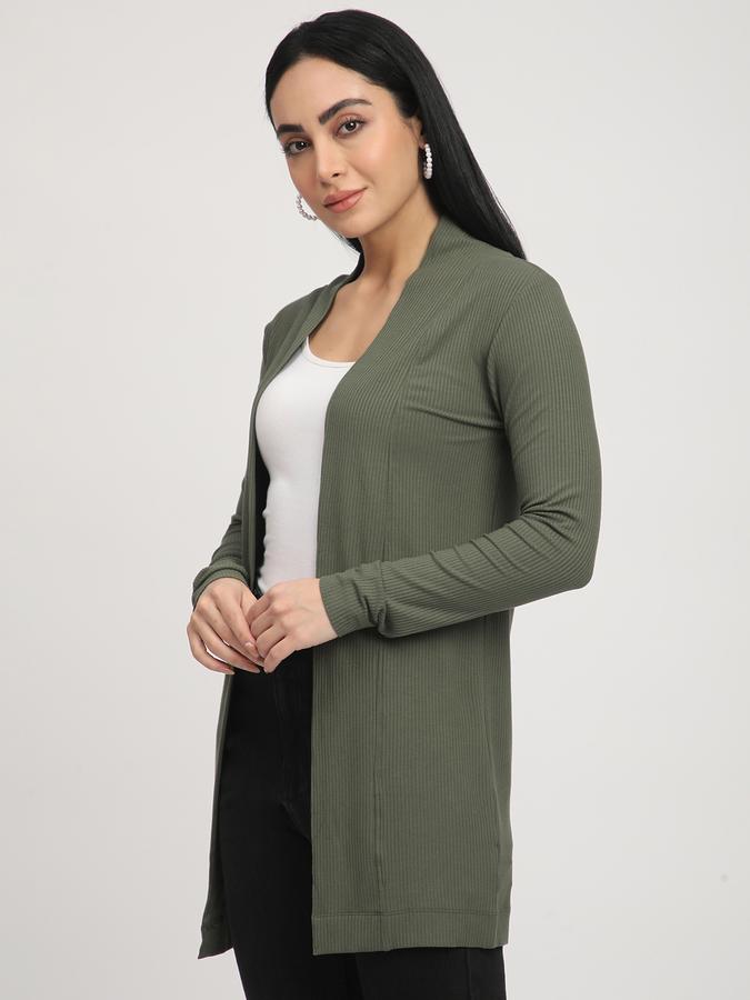 R&B Women Olive Textured Longline Cardigan