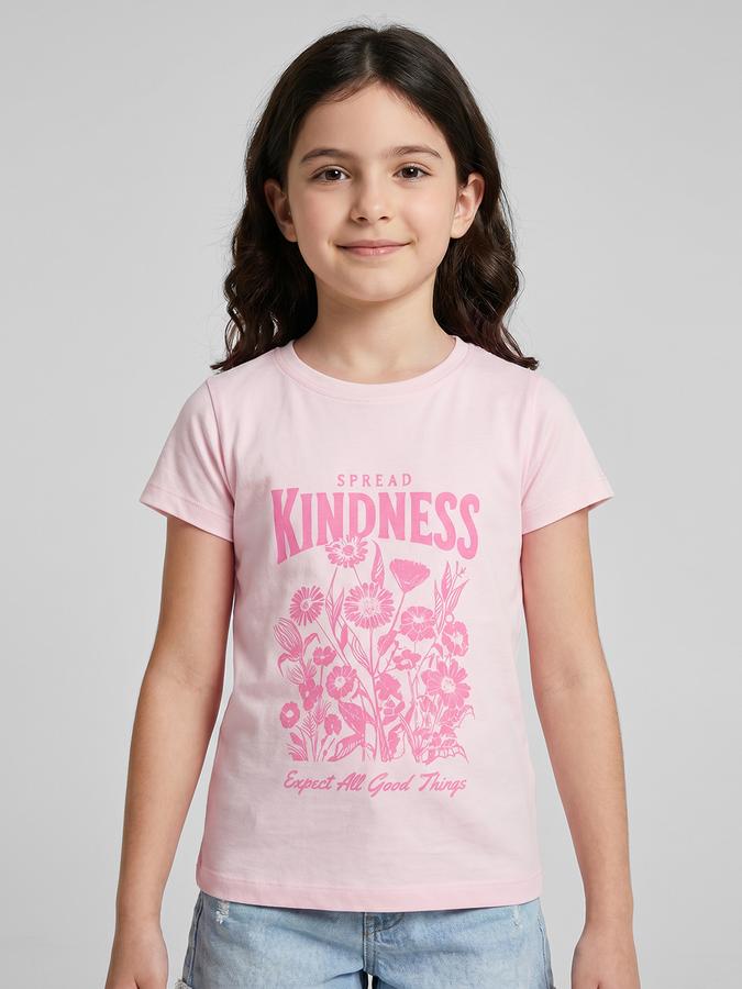 R&B Pink Graphic Print Girls Round Neck Regular Fit Short Sleeves T-Shirt 