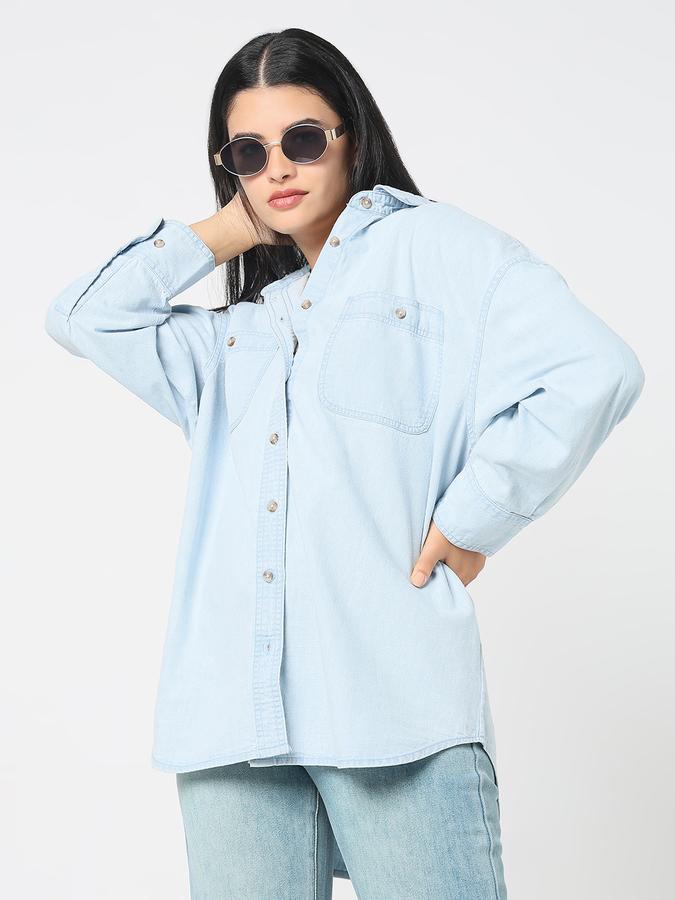 R&B Women Light Blue Wash Oversized Denim Shirt