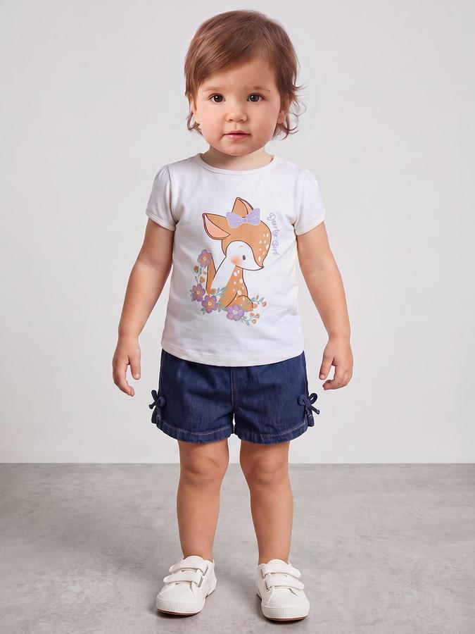 R&B Girls Beige Graphic Print Short Sleeves Round Neck Pure Cotton T-Shirt