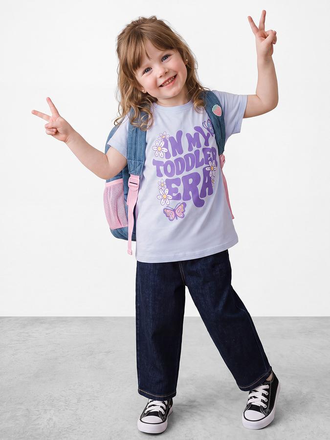 R&B Girls Blue Puff Typographic Print Short Sleeves Tshirt