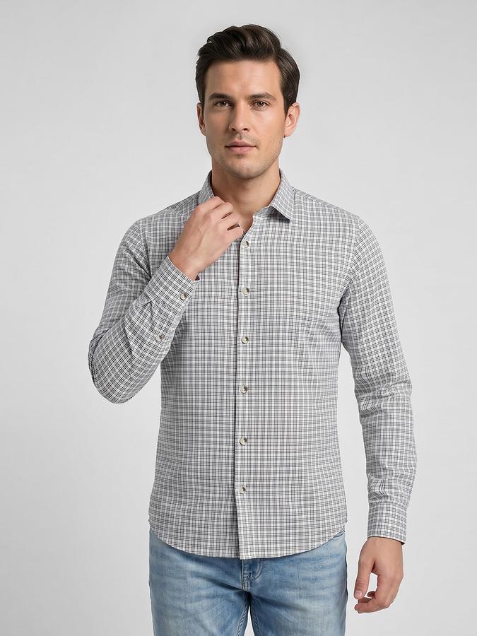 R&B Brown Checked Men Spread Collar Long Sleeves Shirt