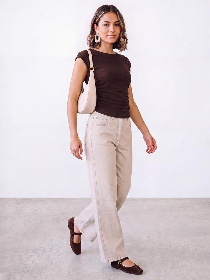 R&B Womens Brown Round Neck Cap Sleeve Solid Top