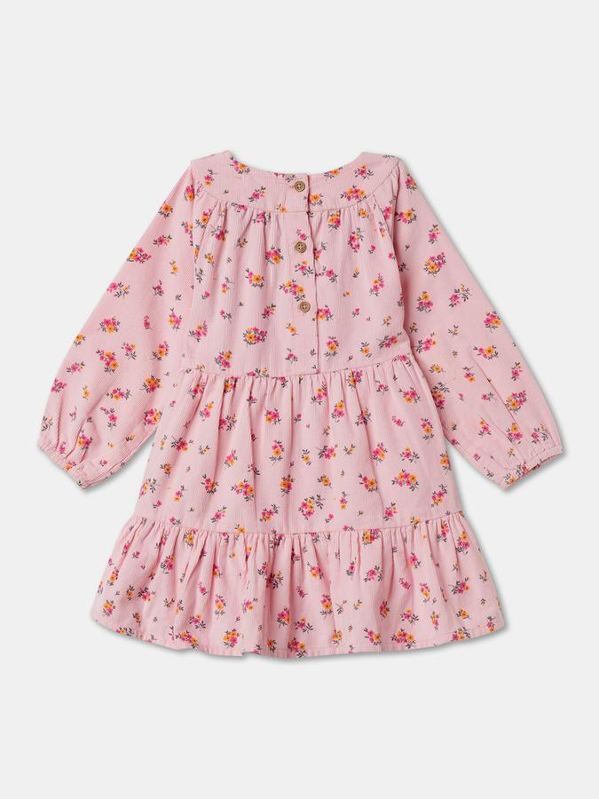 Girls Floral Print Long Sleeve Round Neck Tiered Dress