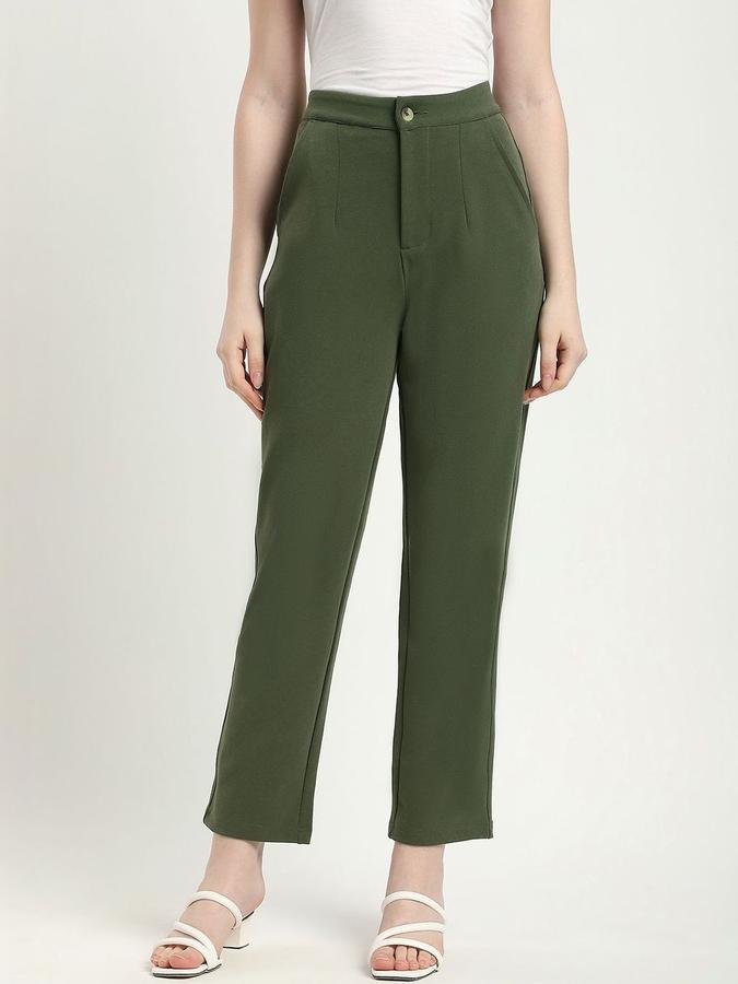R&B Women Olive Solid Regular Fit Trousers