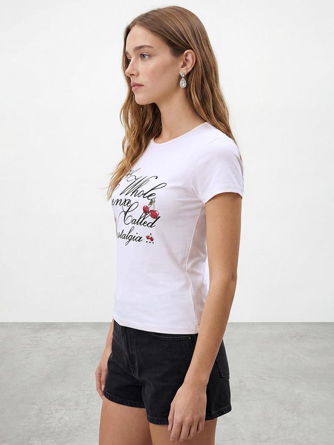 R&B Women White Short Sleeves Round Neck Slim Fit Typography Print T-Shirt