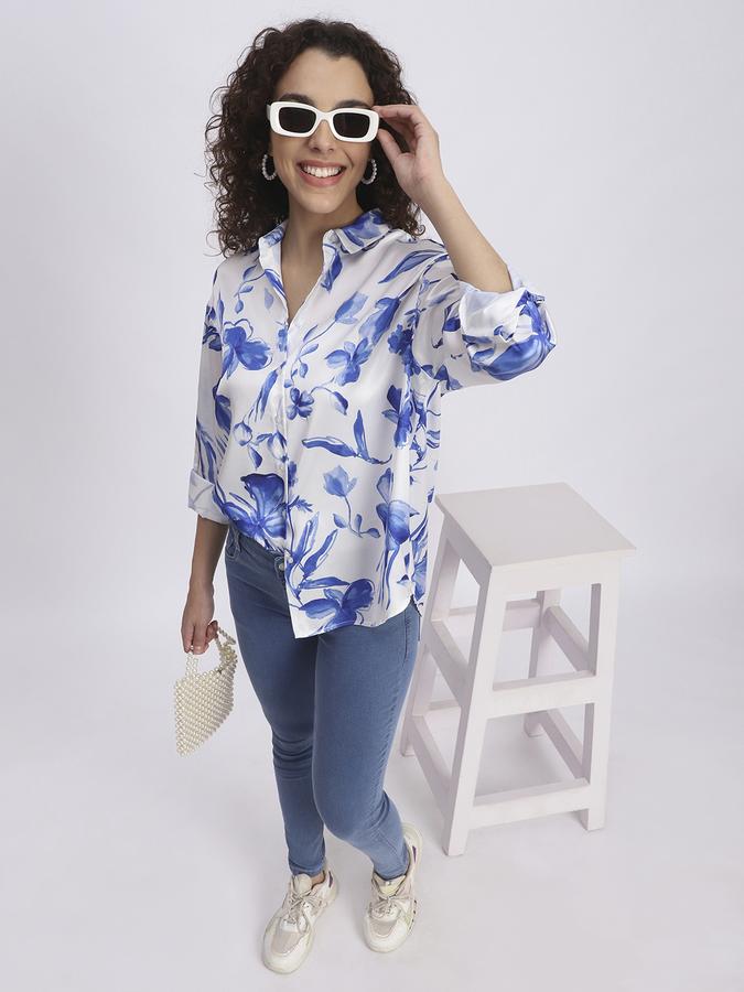 Women Polyester Relaxed Fit Shirt Collar Floral Top