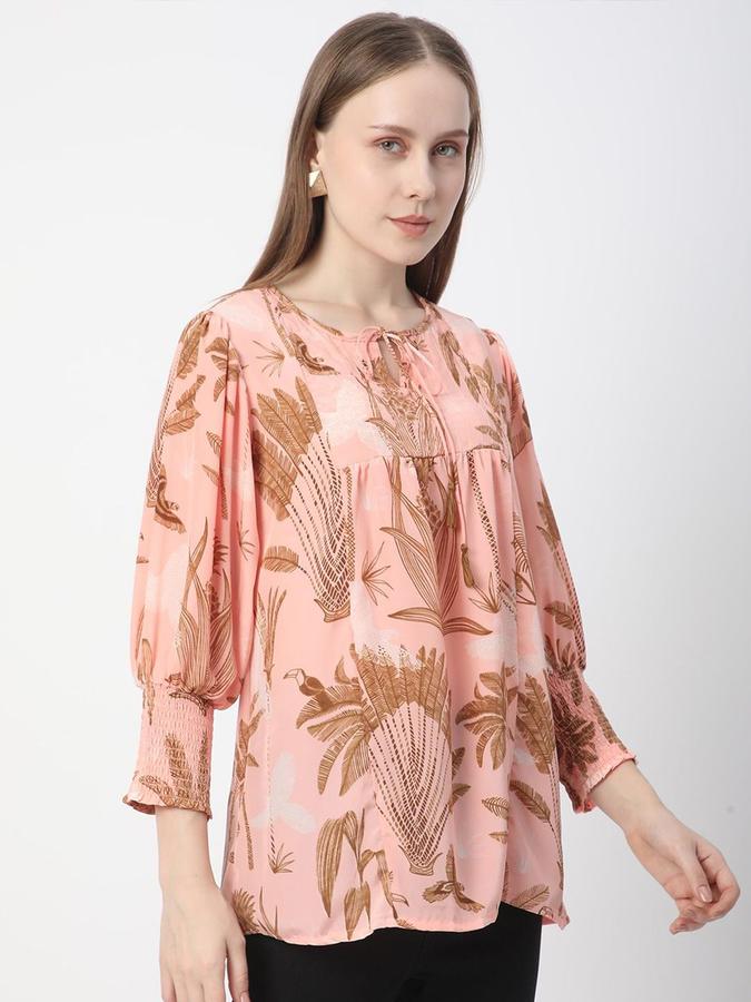Women Crepe Relaxed Fit Tie Neck Printed Ethnic Top