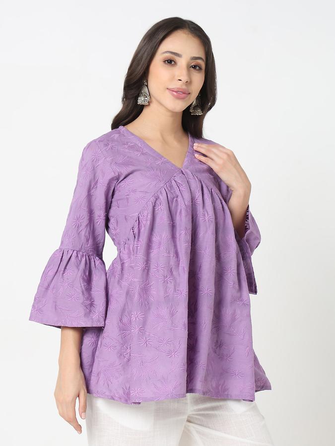 Women's schiffli gathered lavender v- neck tunic with flared sleeves image number 3