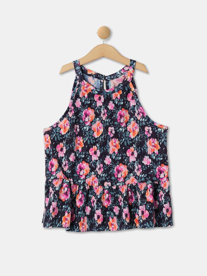 Girls Polyester Regular Fit High Neck Sleeveless Pleated Top
