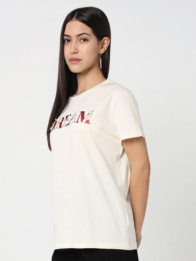 R&B Womens Off White Typography Printed  Round Neck Short Sleeves T-shirt