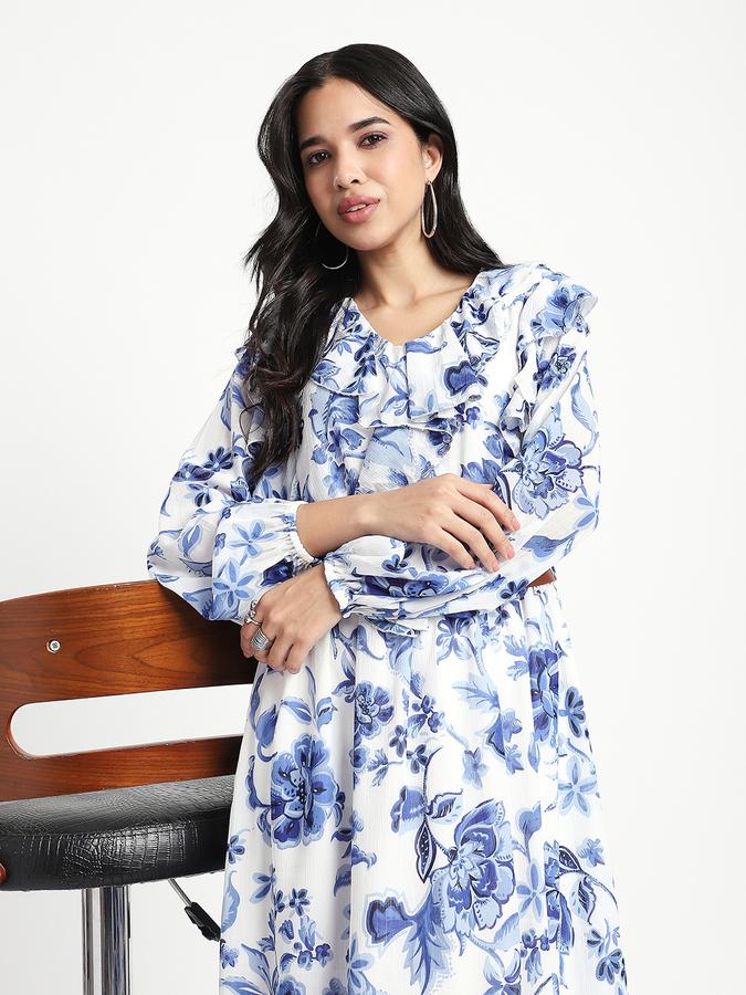 R&B Women Blue Floral Print Ruffle Midi Dress
