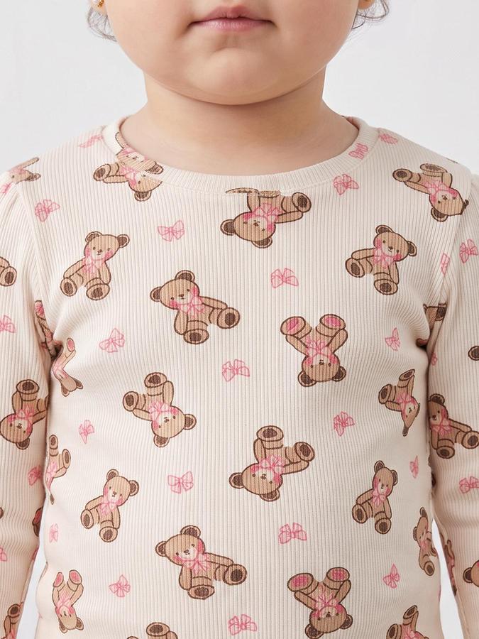 R&B Girls Multi Teddy Print Long Sleeves Round Neck Ribbed T-Shirt