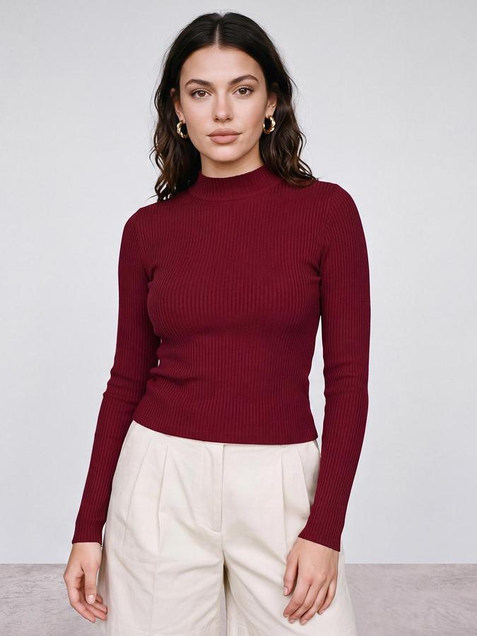 R&B Women Burgundy Ribbed High Neck Long Sleeves Fitted Top