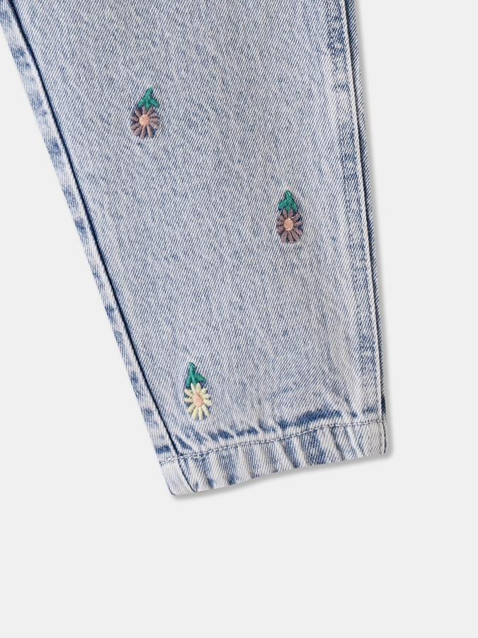 Girls Denim Regular Fit Elastic Waist Embroidered Jeans