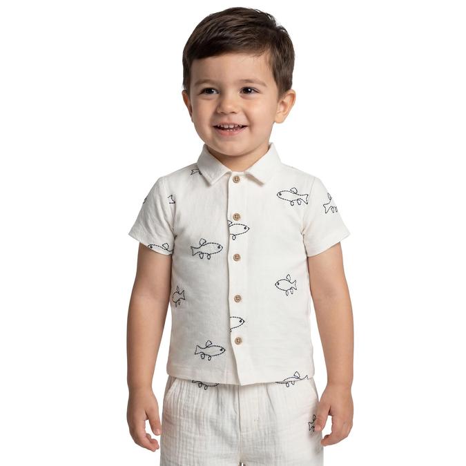 R&B Off White Printed Boys Spread Collar Short Sleeves Shirt 