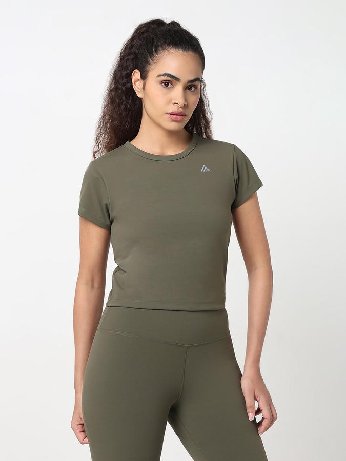 Women Polyester Blend Slim Fit Crop Round Neck Top