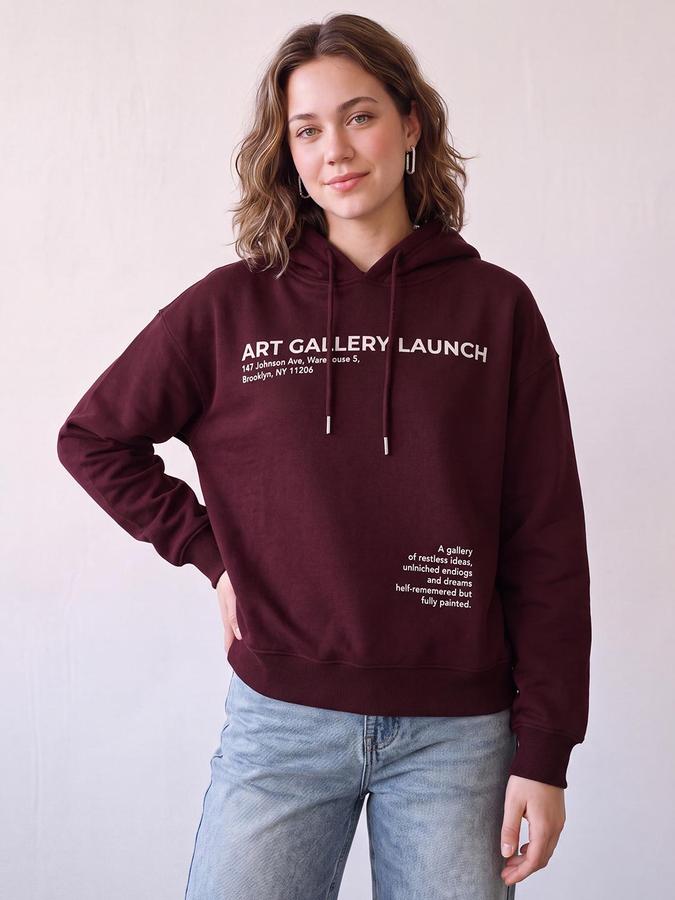 R&B Women Wine Typography Print Hooded Long Sleeves Sweatshirt