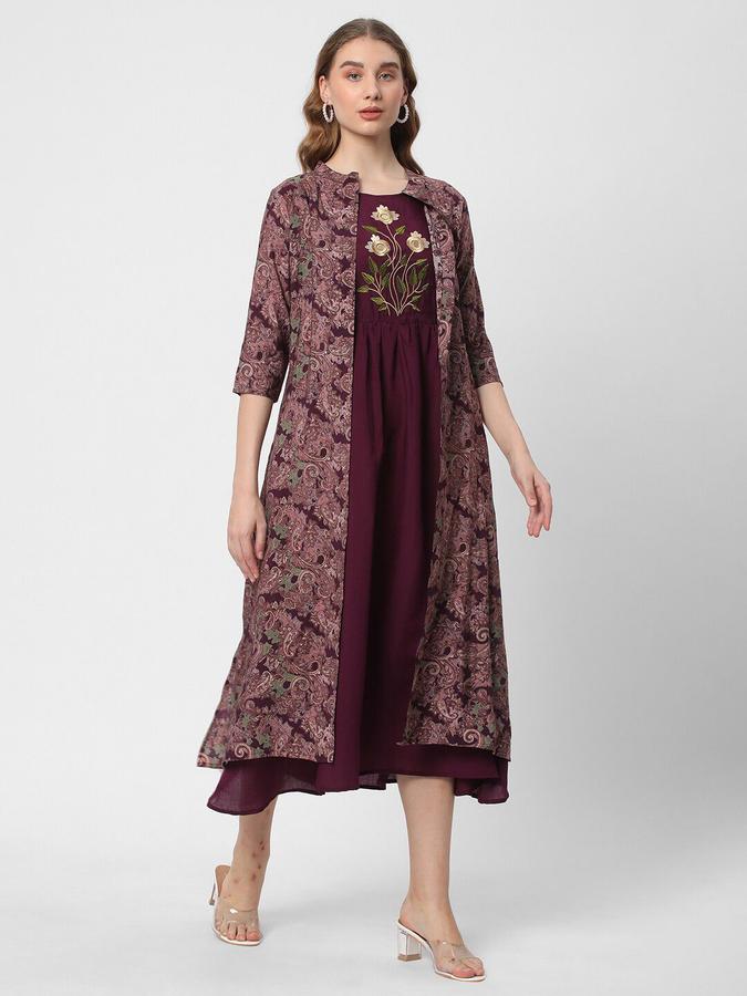 R&B Women Maroon Embroidered Three Quarter Sleeves  A-Line Midi  Ethnic Dress