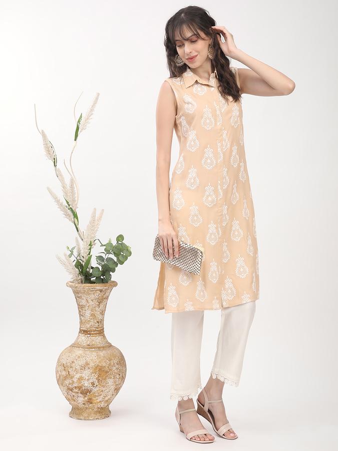 Women's regular fit casual beige chikankari printed collared sleeveless straight kurta image number 1