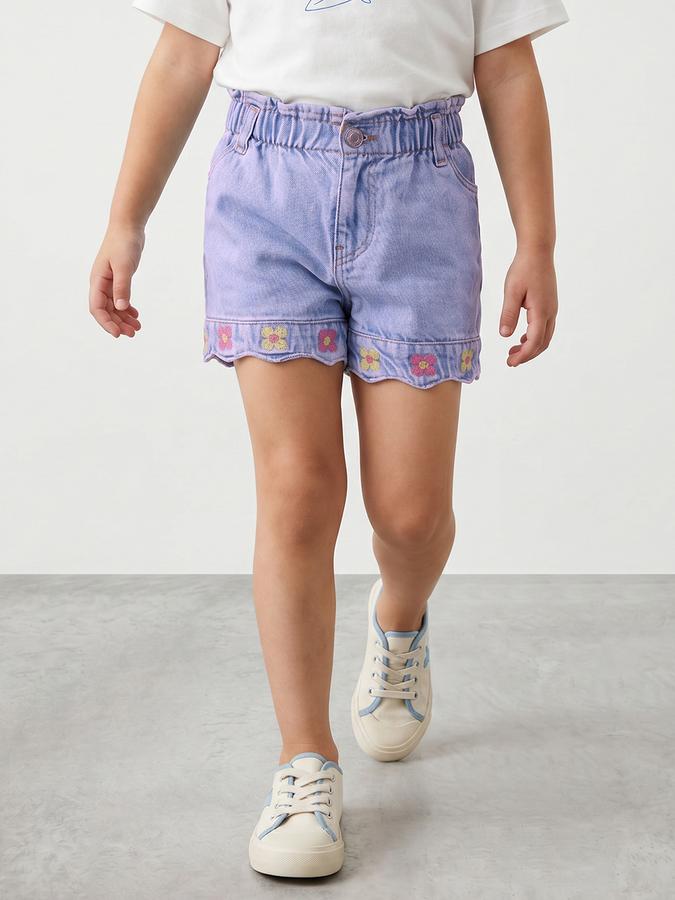 R&B Girls Blue Embroidered Mid Rise Pure Cotton Denim Shorts
