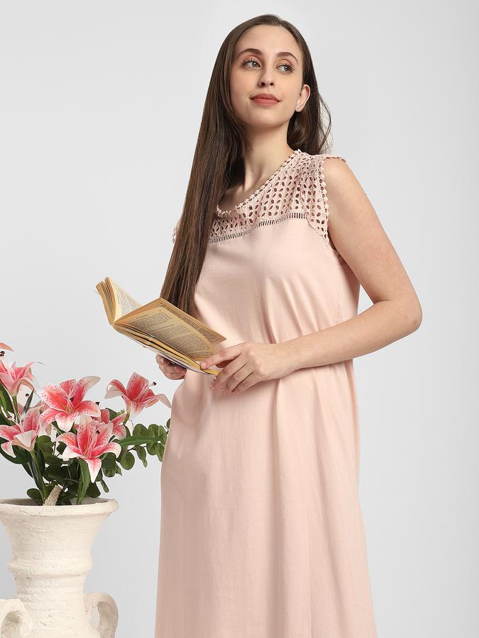 Women Cotton Relaxed Fit Round Neck Lace Yoke Night Shirt