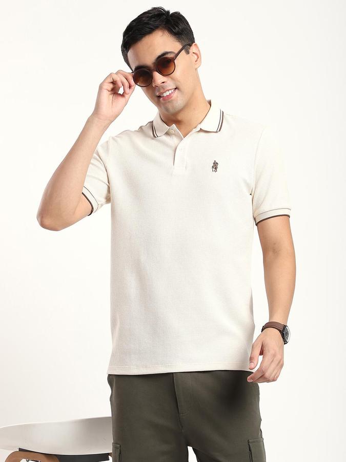 R&B Men Beige Solid Short Sleeves Polo Tshirt