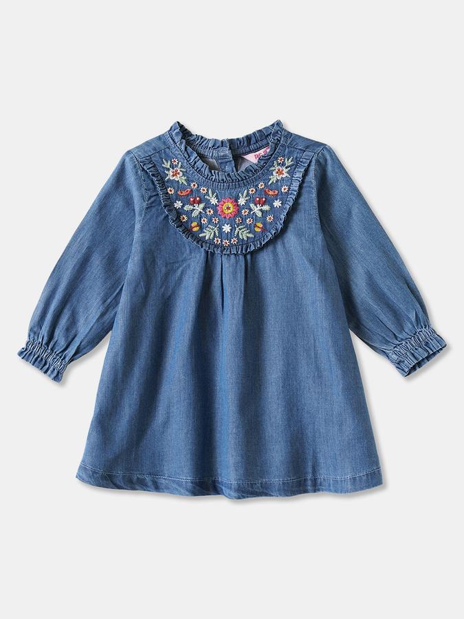 Girls Denim A-Line Ruffled Neck Embroidered Dress