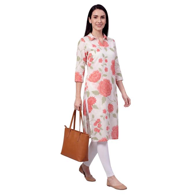 R&B Peach Women Shirt Collar Three-Quarter Sleeves Kurta 