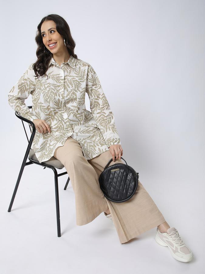R&B Women Grey Leaf Print Oversized Shirt