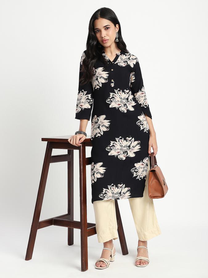 Women Viscose Straight Fit Mandarin Collar Printed Kurta