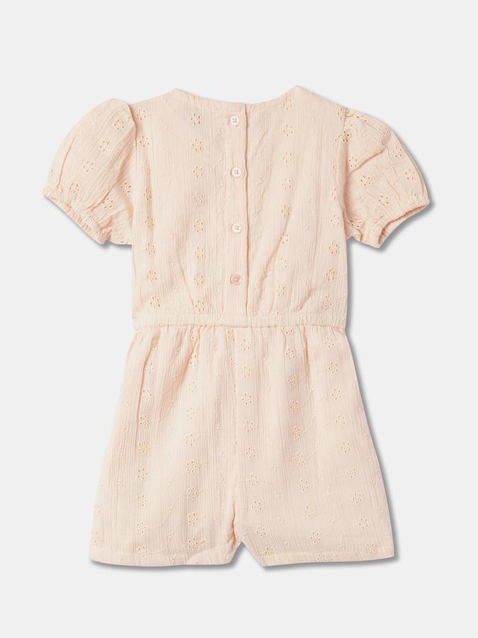 Girls Cotton Embroidered Puff Sleeve Button Back Dungaree