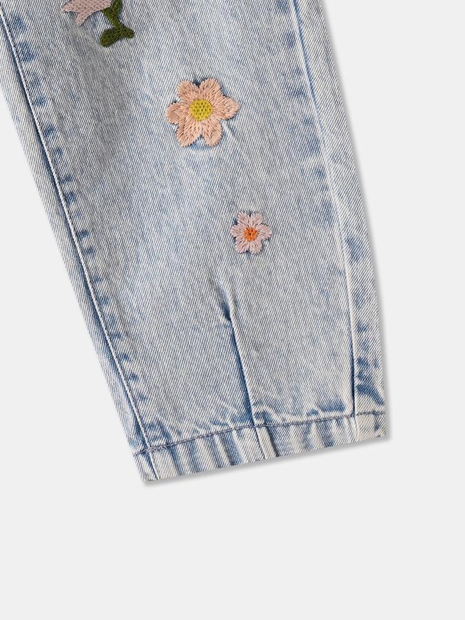 Girls Denim Regular Fit Button Waist Embroidered Jeans