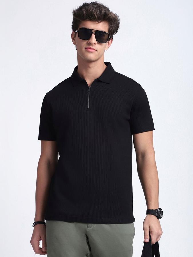Men Cotton Regular Fit Polo Neck Textured T-shirt