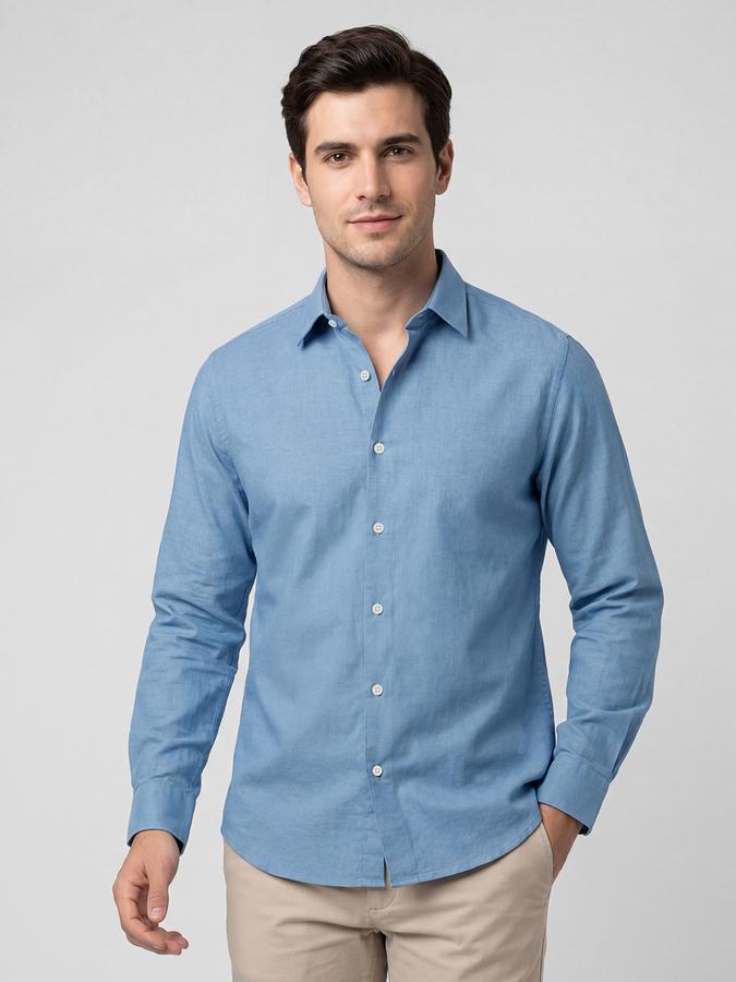 R&B Light Blue Solid Men Spread Collar Long Sleeves Shirt