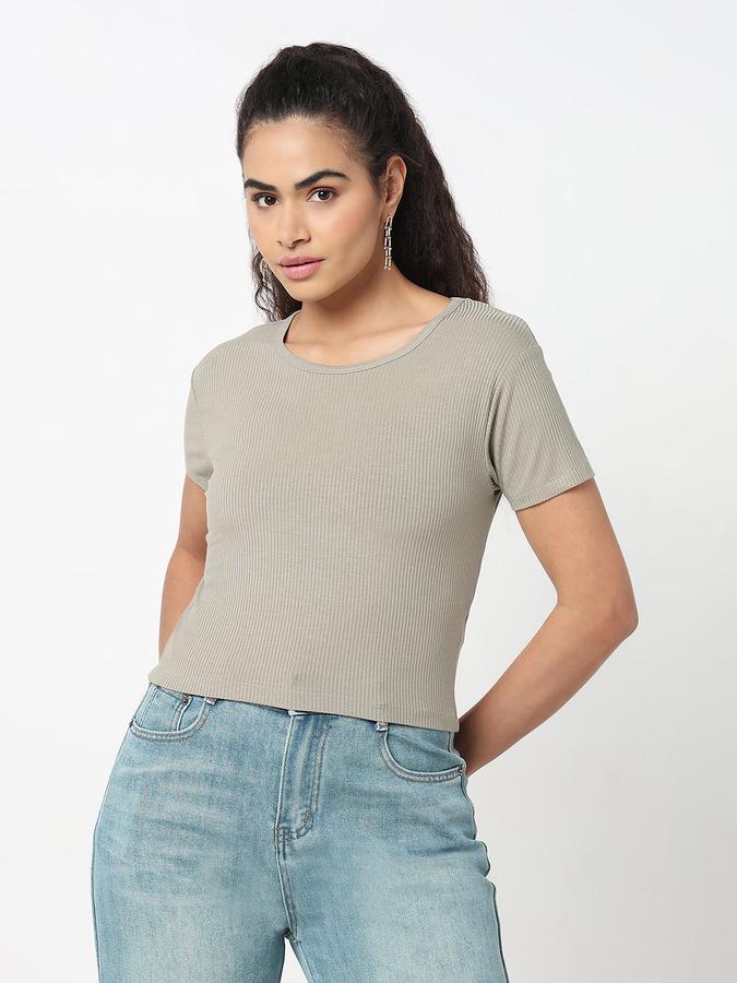 Women Viscose Crop Fit Round Neck Ribbed Top