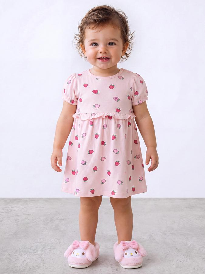R&B Girl Light Pink Round Neck Printed Dress
