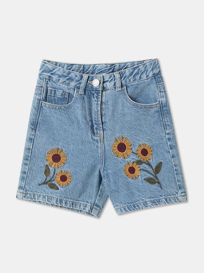 Girls Cotton Embroidered Mid-Waist Clean Hem Shorts