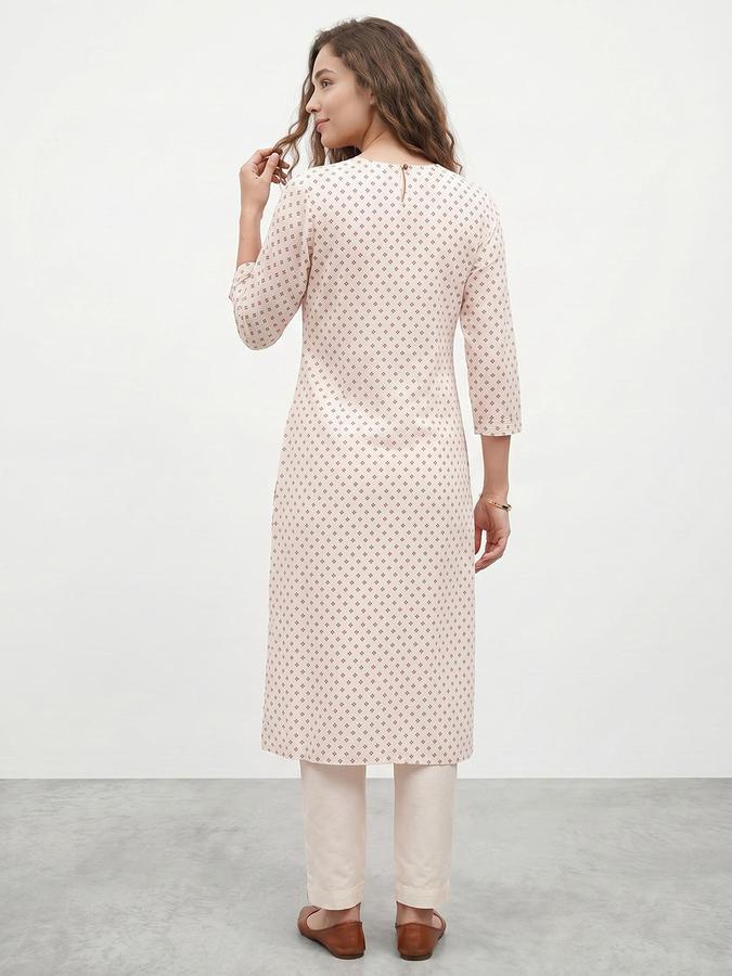R&B Women Off White Printed Round Neck Three-Quarter Sleeves Calf Length Straight Kurta 
