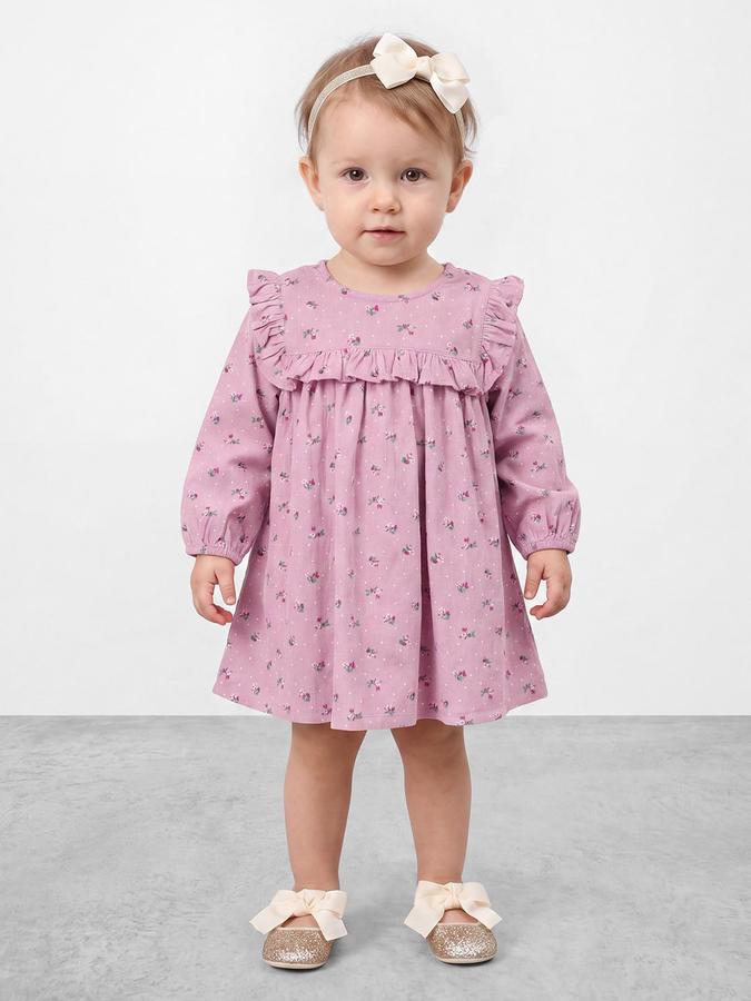 R&B Girls Pink Floral Print Round Neck Bishop Sleeves A-Line Dress