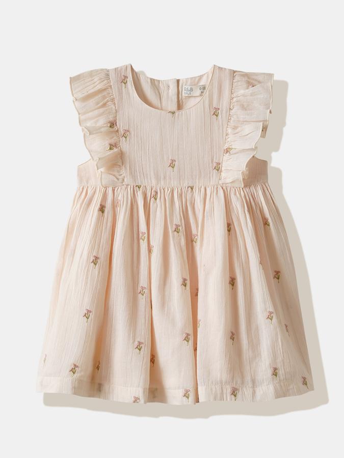 Girls Cotton A-Line Round Neck Ruffled Dress