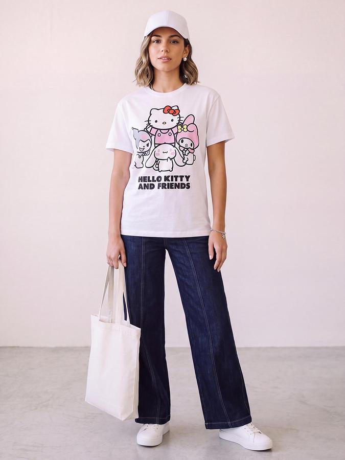 R&B Women Ivory Short Sleeve Round Neck Hello Kitty Printed T-Shirt