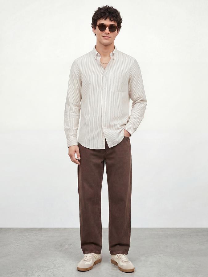R&B Men Sand Striped Button-Down Full Sleeve Shirt