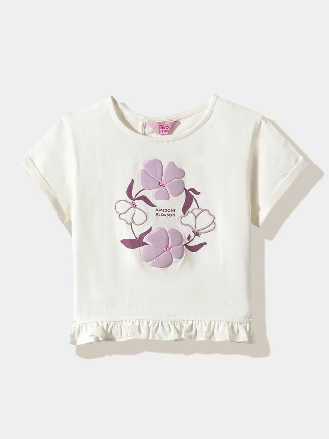 Girls Cotton Regular Fit Crew Neck Short Sleeve Appliqu&eacute; Top