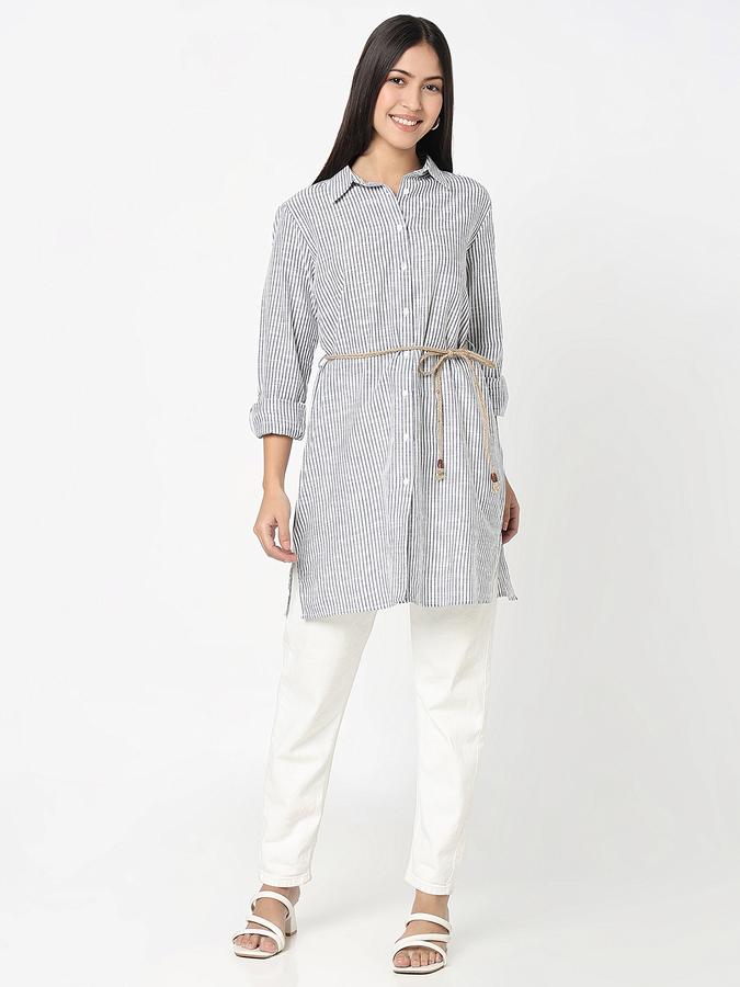 Women Cotton Regular Fit Shirt Collar Striped Top