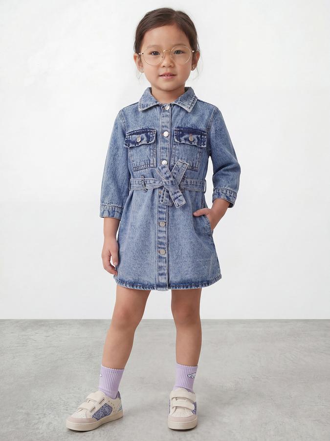 R&B Girl Blue Solid Pure Cotton Short Sleeves Denim Shirt Dress