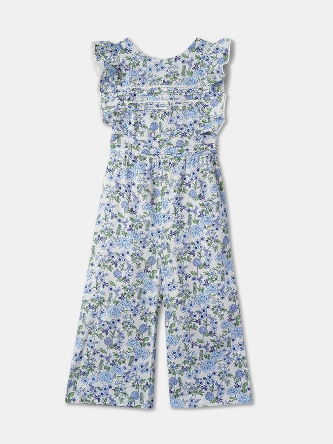 Girls Polyester Floral Print Ruffled Straps Buttoned Hem Dungaree