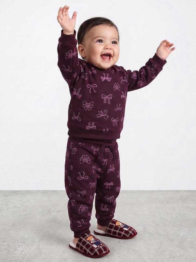 R&B Girls Purple Bow Print Long Sleeve Sweatshirt and Jogger Set
