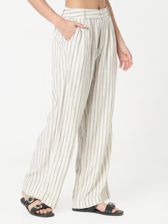 Women Linen Blend Wide Leg High Rise Pleated Trousers