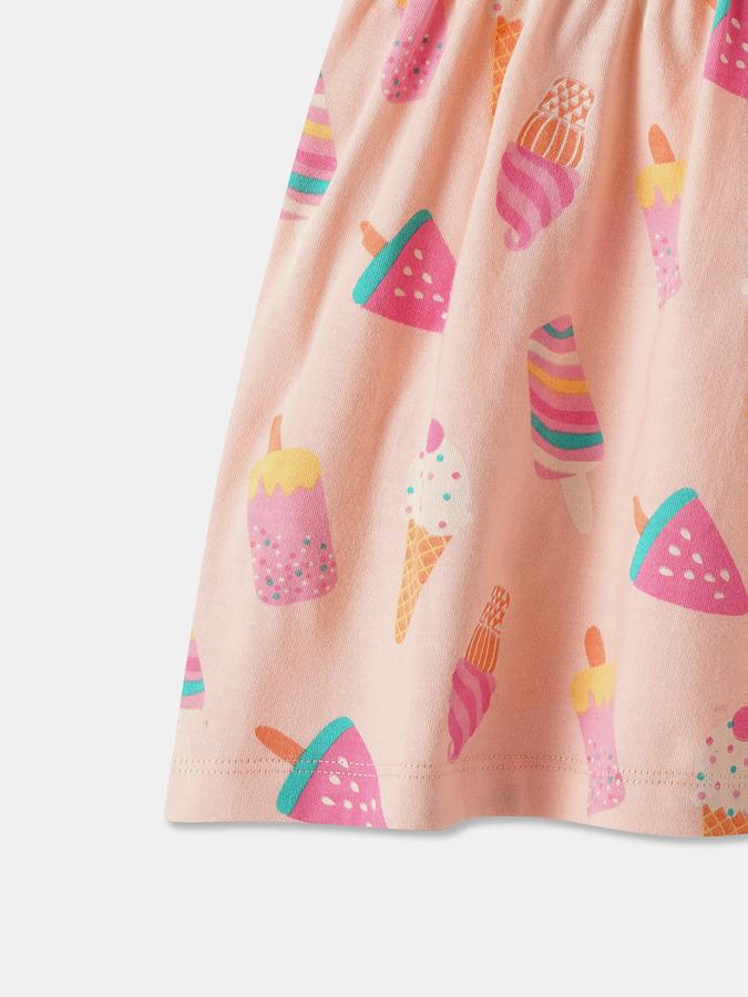 Girls Printed Ruffled Sleeveless Round Neck Above Knee Peach Dress